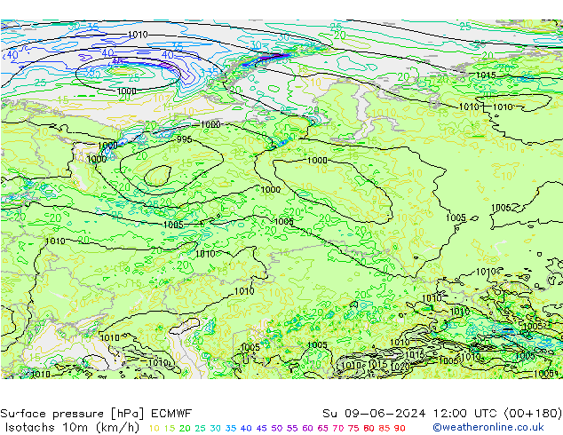 Isotaca (kph) ECMWF dom 09.06.2024 12 UTC