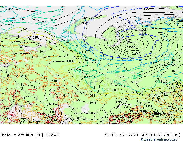 Theta-e 850hPa ECMWF dim 02.06.2024 00 UTC