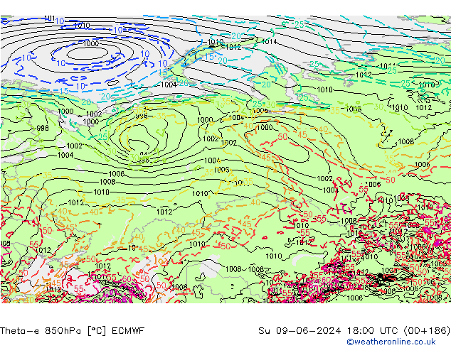 Theta-e 850hPa ECMWF dim 09.06.2024 18 UTC