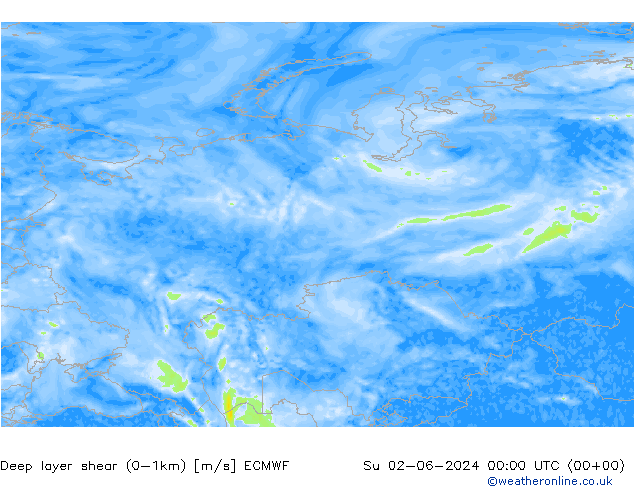 Deep layer shear (0-1km) ECMWF dim 02.06.2024 00 UTC