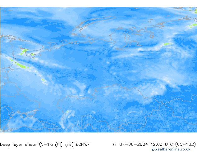 Deep layer shear (0-1km) ECMWF vr 07.06.2024 12 UTC