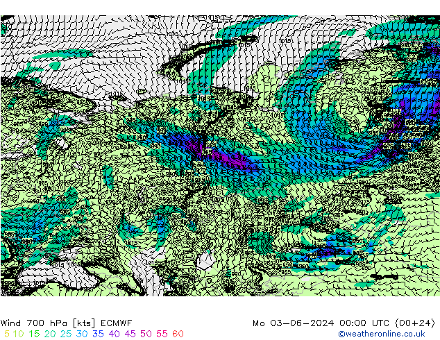 Wind 700 hPa ECMWF Mo 03.06.2024 00 UTC