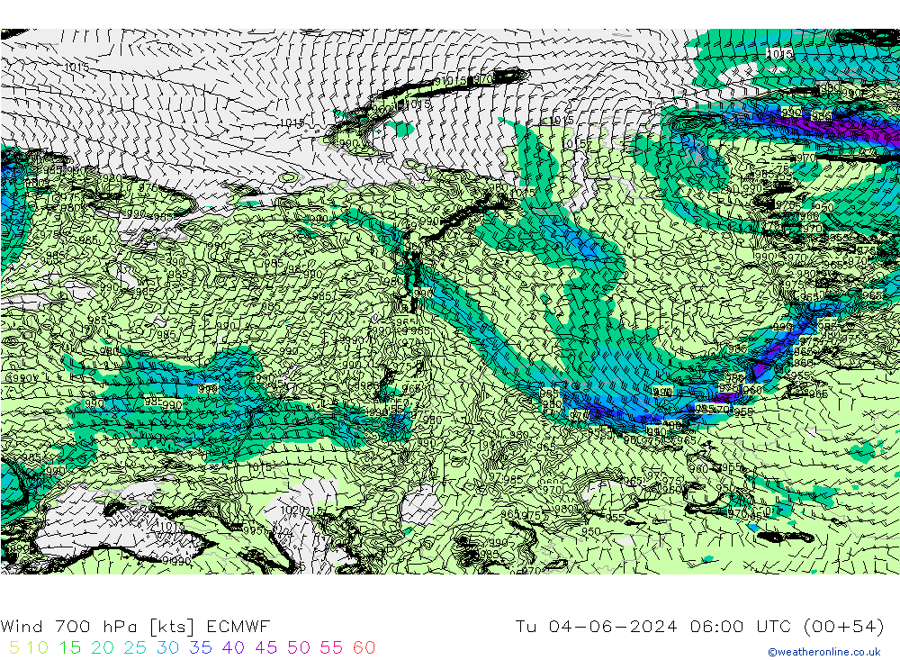 Wind 700 hPa ECMWF Tu 04.06.2024 06 UTC