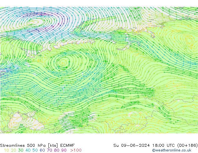 Linha de corrente 500 hPa ECMWF Dom 09.06.2024 18 UTC