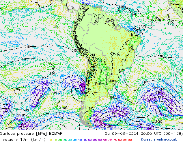 Isotaca (kph) ECMWF dom 09.06.2024 00 UTC