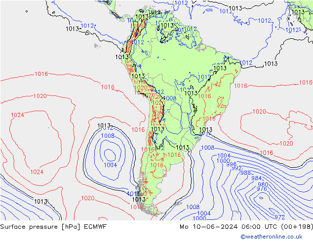 Presión superficial ECMWF lun 10.06.2024 06 UTC