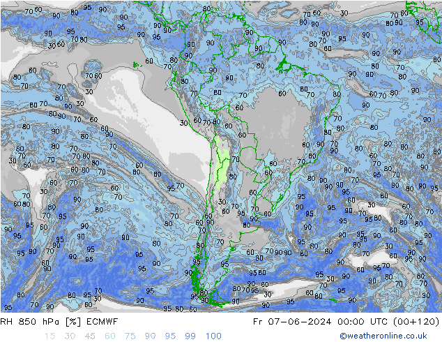 Humidité rel. 850 hPa ECMWF ven 07.06.2024 00 UTC