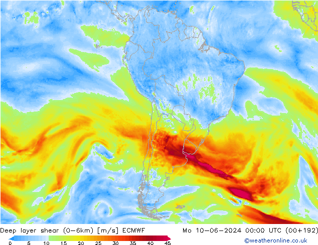 Deep layer shear (0-6km) ECMWF pon. 10.06.2024 00 UTC