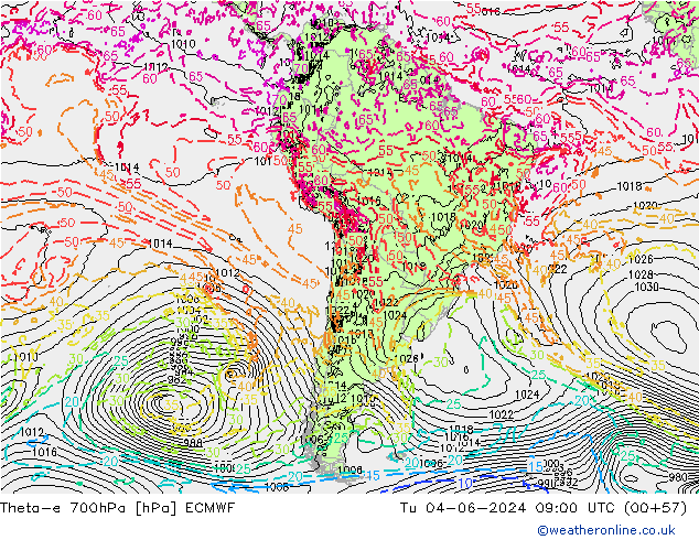 Theta-e 700hPa ECMWF Tu 04.06.2024 09 UTC