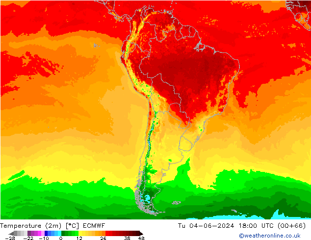 Temperature (2m) ECMWF Tu 04.06.2024 18 UTC
