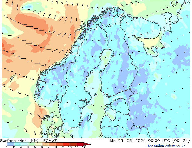 Bodenwind (bft) ECMWF Mo 03.06.2024 00 UTC