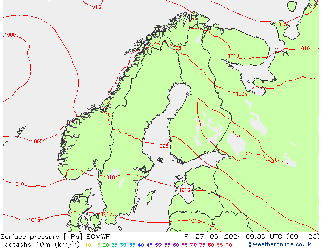 Isotachs (kph) ECMWF Pá 07.06.2024 00 UTC