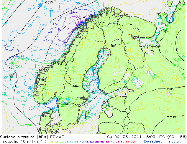 Isotachen (km/h) ECMWF So 09.06.2024 18 UTC