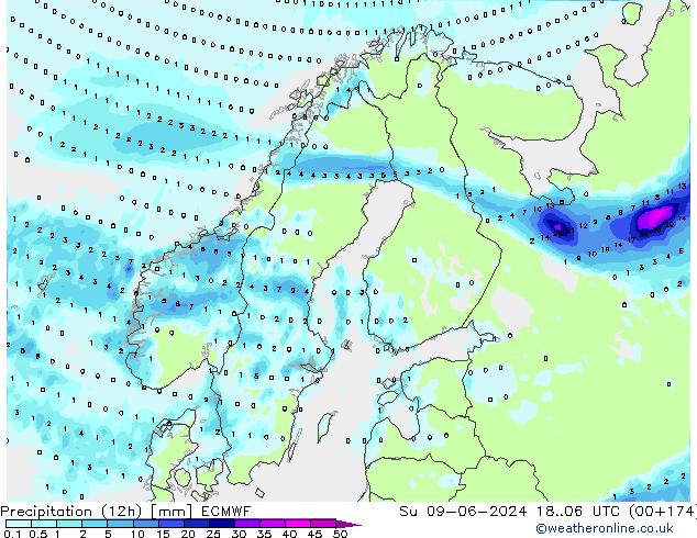 Precipitation (12h) ECMWF Su 09.06.2024 06 UTC