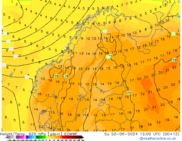 Height/Temp. 925 гПа ECMWF Вс 02.06.2024 12 UTC