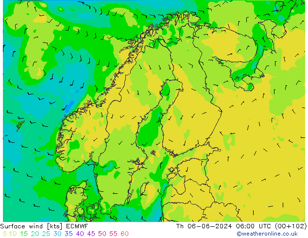 Surface wind ECMWF Čt 06.06.2024 06 UTC