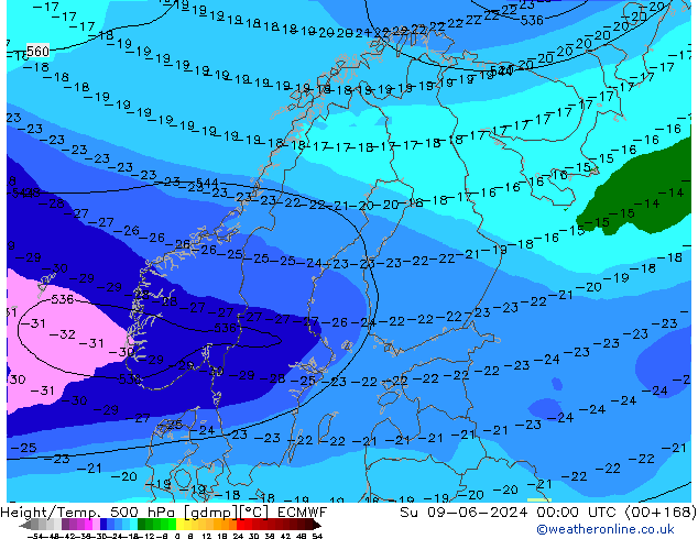 Z500/Rain (+SLP)/Z850 ECMWF Вс 09.06.2024 00 UTC