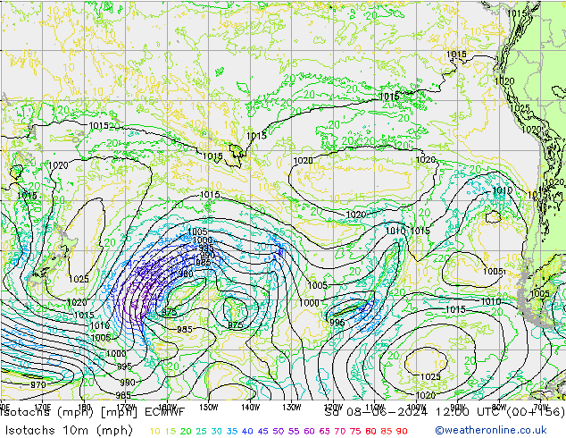 Isotachs (mph) ECMWF Sáb 08.06.2024 12 UTC