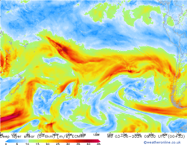 Deep layer shear (0-6km) ECMWF pon. 03.06.2024 09 UTC
