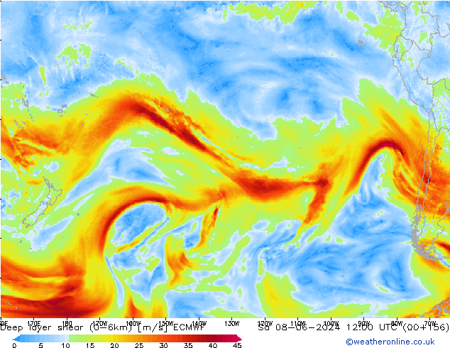 Deep layer shear (0-6km) ECMWF za 08.06.2024 12 UTC