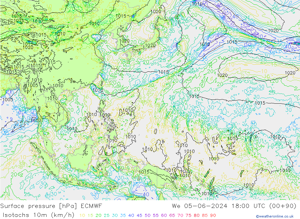 Izotacha (km/godz) ECMWF śro. 05.06.2024 18 UTC