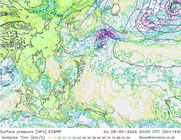 Izotacha (km/godz) ECMWF so. 08.06.2024 00 UTC