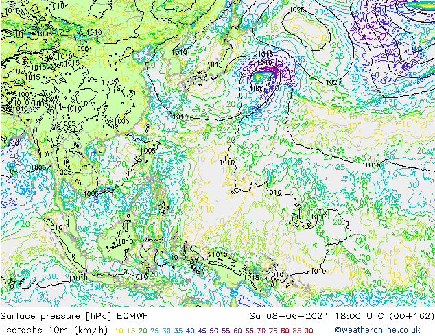 Isotachen (km/h) ECMWF za 08.06.2024 18 UTC