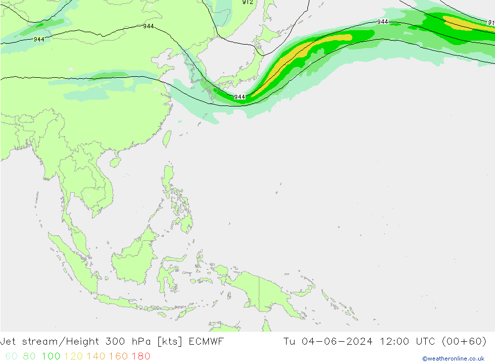 Jet stream/Height 300 hPa ECMWF Tu 04.06.2024 12 UTC