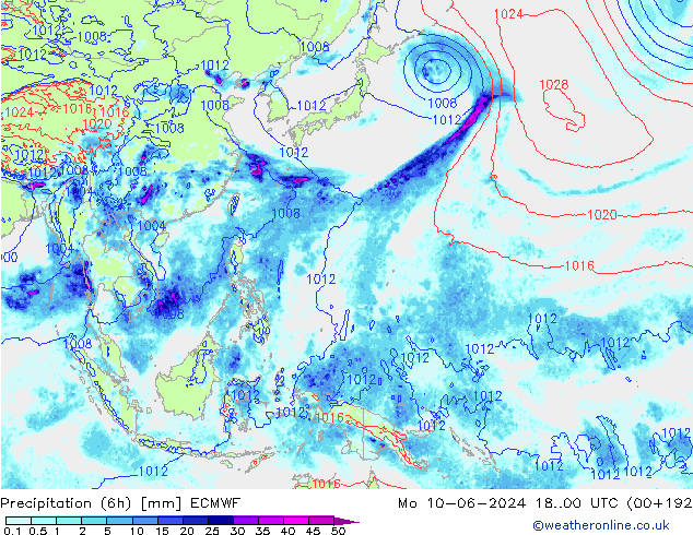 Totale neerslag (6h) ECMWF ma 10.06.2024 00 UTC