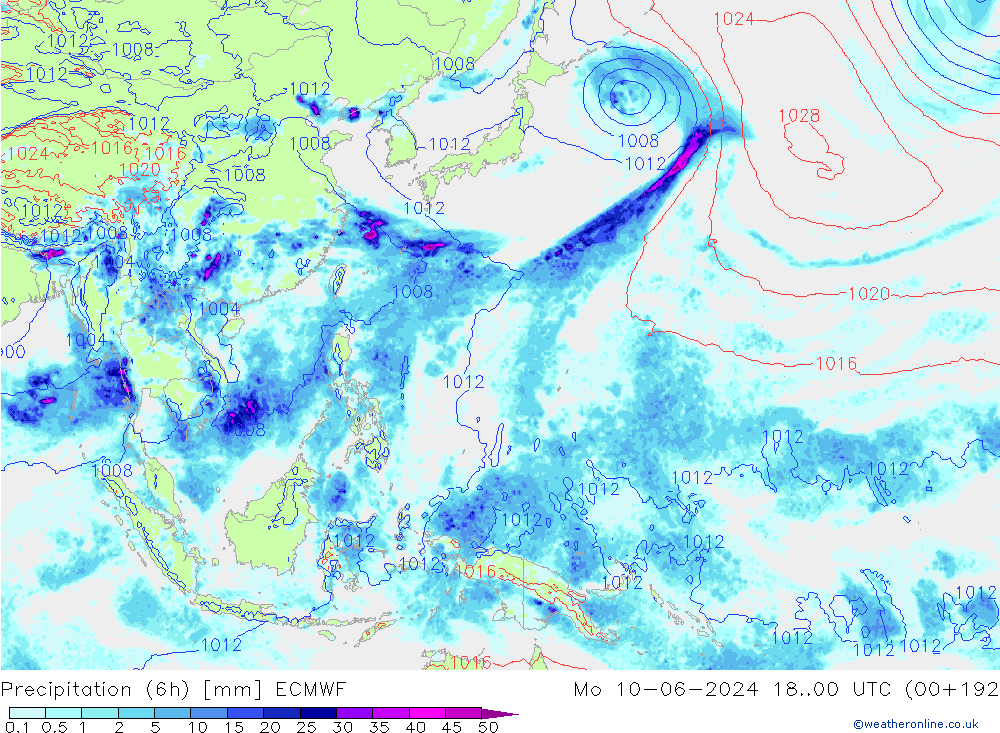 Z500/Rain (+SLP)/Z850 ECMWF Po 10.06.2024 00 UTC