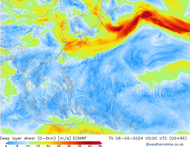 Deep layer shear (0-6km) ECMWF Th 06.06.2024 00 UTC