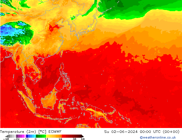 Temperatuurkaart (2m) ECMWF zo 02.06.2024 00 UTC