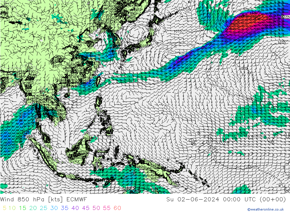 ветер 850 гПа ECMWF Вс 02.06.2024 00 UTC