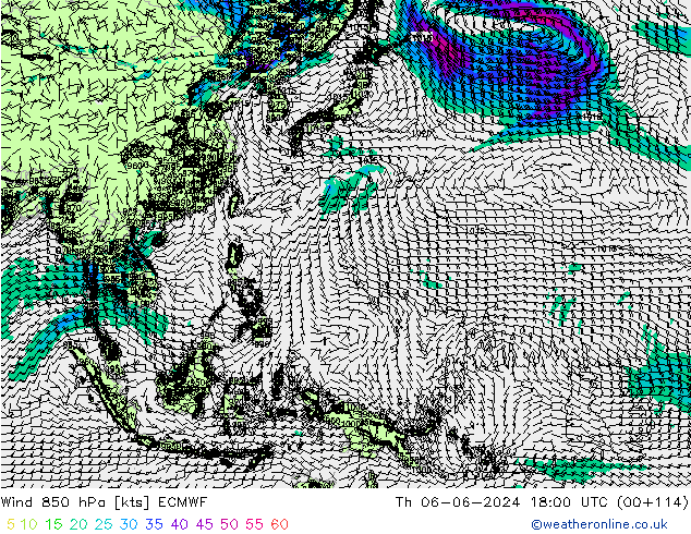 Vento 850 hPa ECMWF Qui 06.06.2024 18 UTC