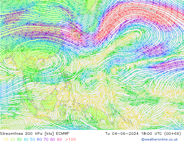 Linea di flusso 200 hPa ECMWF mar 04.06.2024 18 UTC