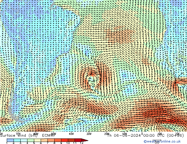 Surface wind (bft) ECMWF Čt 06.06.2024 00 UTC