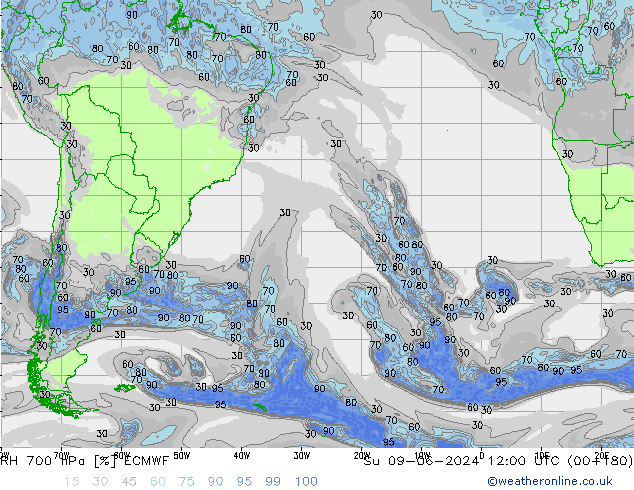 Humedad rel. 700hPa ECMWF dom 09.06.2024 12 UTC