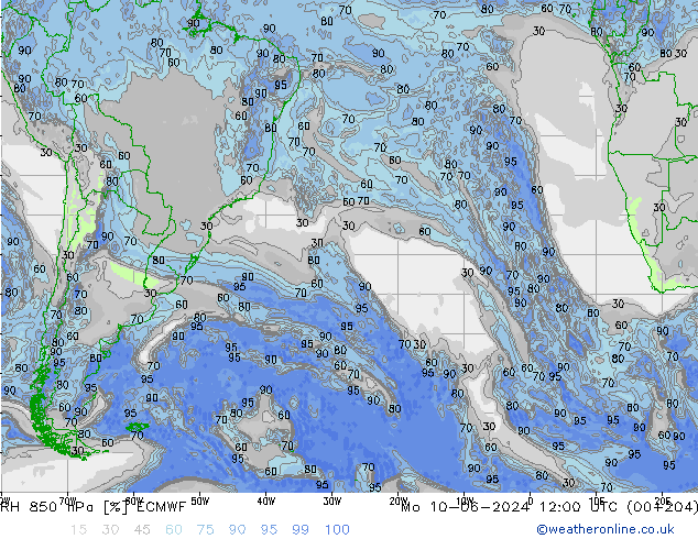 Humidité rel. 850 hPa ECMWF lun 10.06.2024 12 UTC