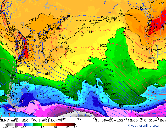 SLP/Temp. 850 гПа ECMWF Вс 09.06.2024 18 UTC