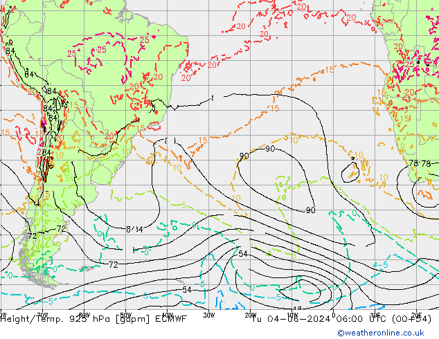 Hoogte/Temp. 925 hPa ECMWF di 04.06.2024 06 UTC