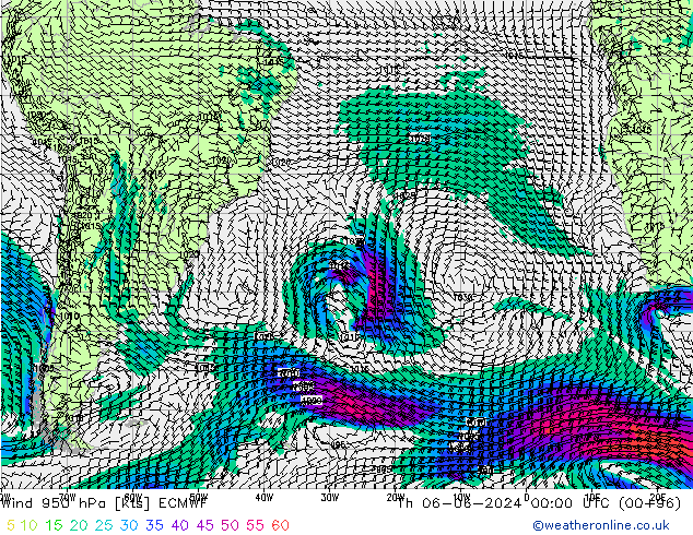 Wind 950 hPa ECMWF Čt 06.06.2024 00 UTC