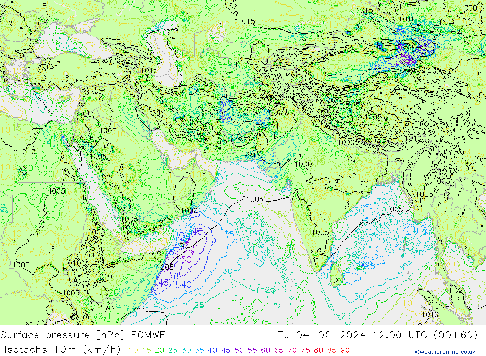 Isotachs (kph) ECMWF Tu 04.06.2024 12 UTC