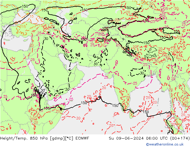 Yükseklik/Sıc. 850 hPa ECMWF Paz 09.06.2024 06 UTC