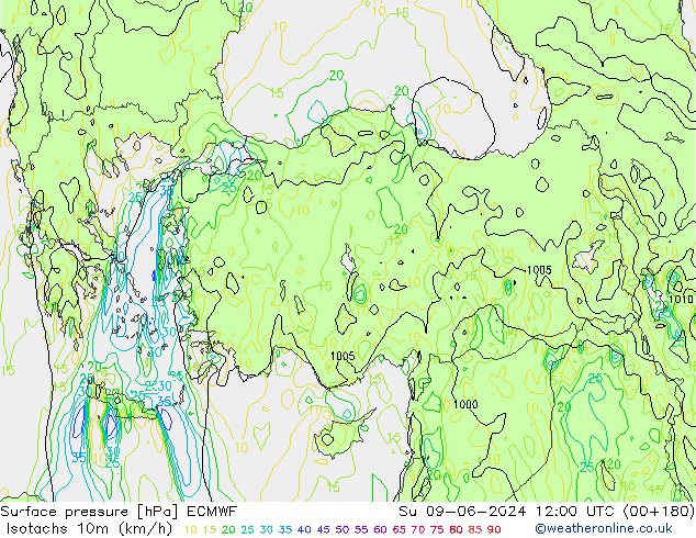 Isotachs (kph) ECMWF dim 09.06.2024 12 UTC