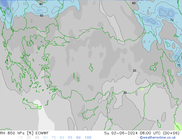 Humedad rel. 850hPa ECMWF dom 02.06.2024 06 UTC