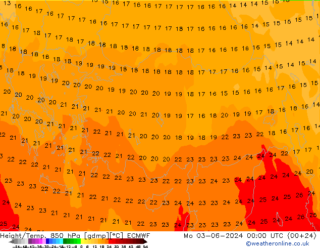 Height/Temp. 850 hPa ECMWF Mo 03.06.2024 00 UTC