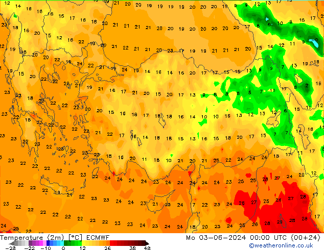 Temperaturkarte (2m) ECMWF Mo 03.06.2024 00 UTC