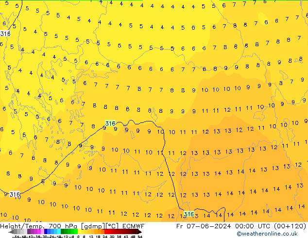 Height/Temp. 700 hPa ECMWF Fr 07.06.2024 00 UTC