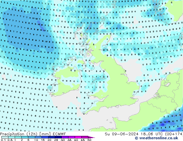 осадки (12h) ECMWF Вс 09.06.2024 06 UTC