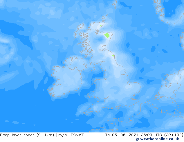 Deep layer shear (0-1km) ECMWF jue 06.06.2024 06 UTC